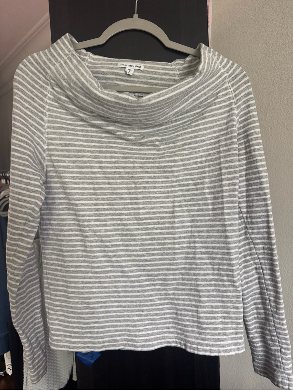 James Perse Gray and White Striped Cowl Neck Sweater
